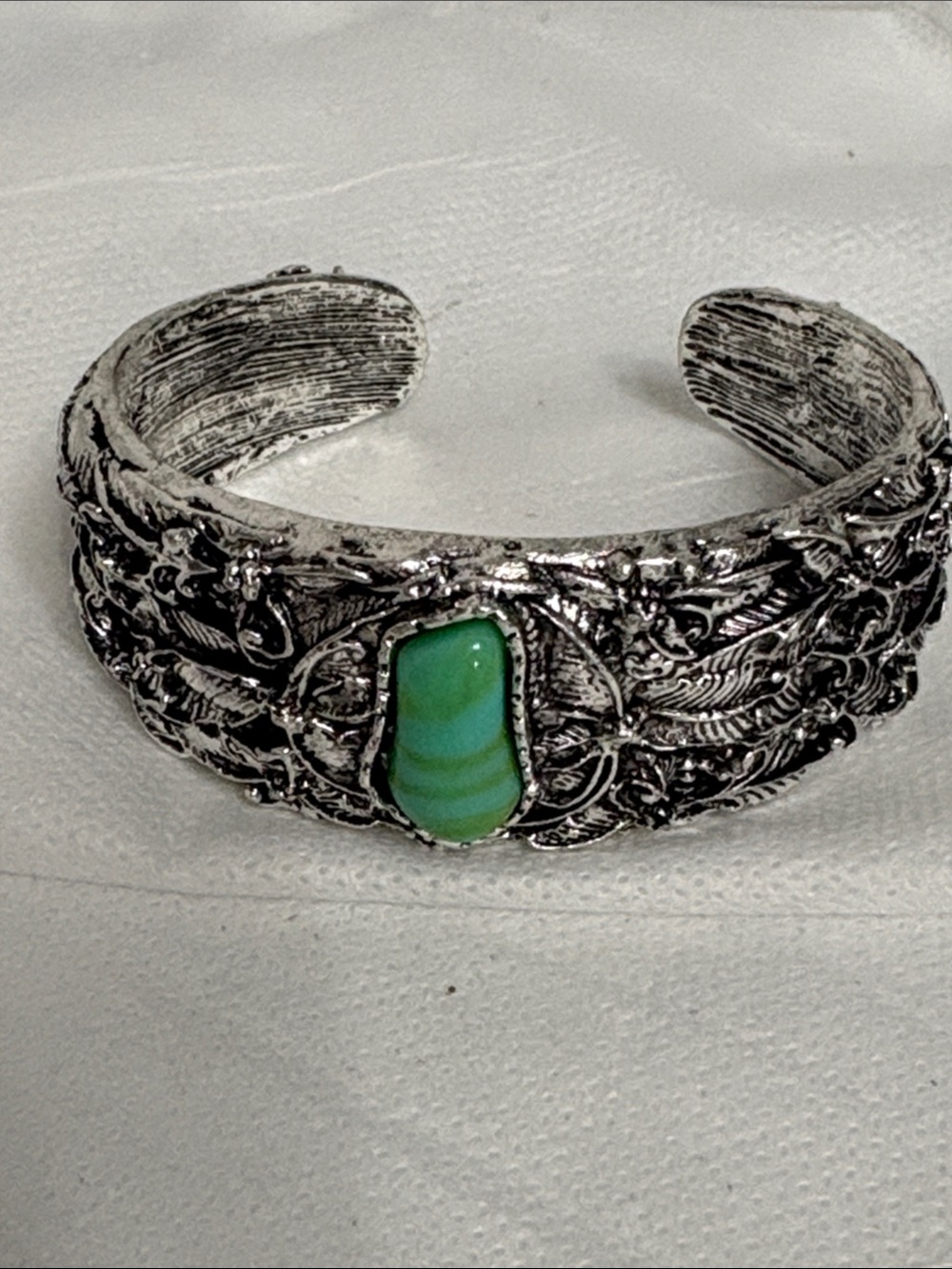 Silver-Tone Filigree Cuff Bracelet with Green Stone